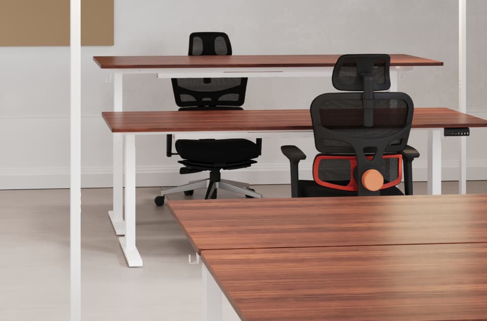 Escritorios regulables y sillas ergonómicas en un espacio de trabajo