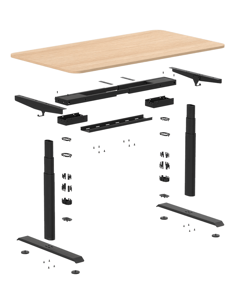 Vista explotada de la estructura y componentes de un Standing Desk