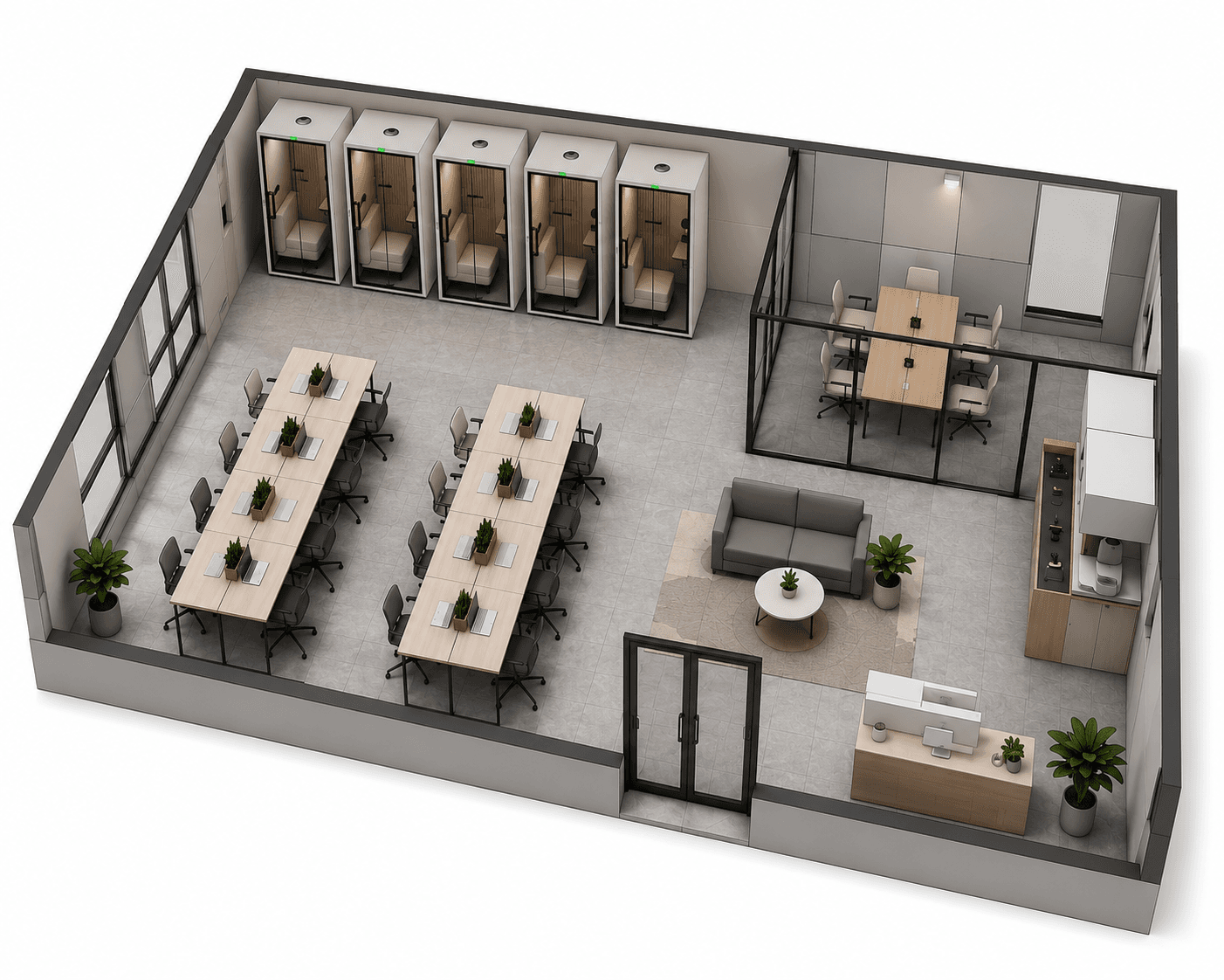 Plano de oficina con pods sit-down